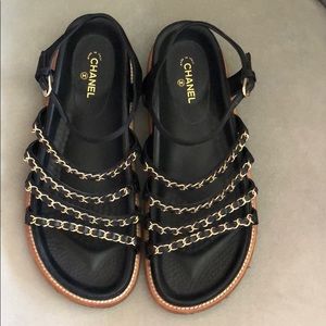 Chanel Black Bn Satin Birkenstock Chain Sandals